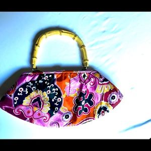 Silky satin paisley pink + bamboo handle purse bag